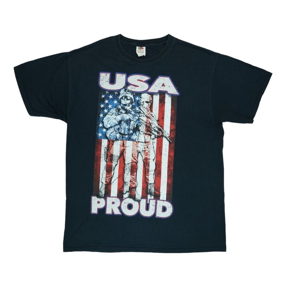USA Proud Military Fruit of the Loom Men Black Short Sleeve Graphic T Shirt Sz L